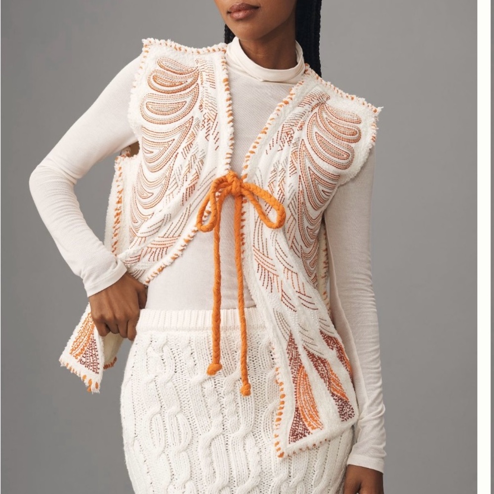 Anthropologie White and Orange Textured Cardigan with Layered Design
